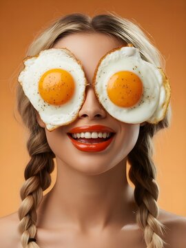 Retrato divertido de mujer sonriente sosteniendo dos huevos fritos sobre los ojos como gafas sobre fondo naranja