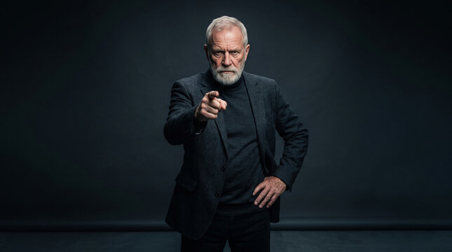 Serious senior man pointing finger accusingly in a dark studio