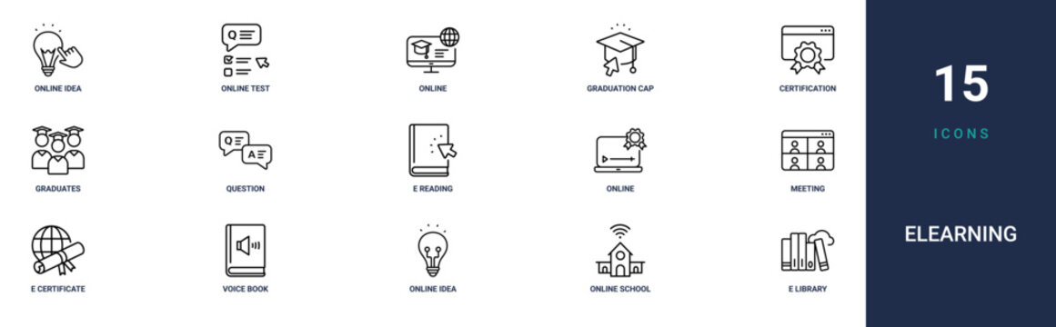 Set of 15 outline web Elearning icons such as e library, online school, online idea, voice book, e certificate, meeting, online education vector icons for report, presentation, diagram, web design,