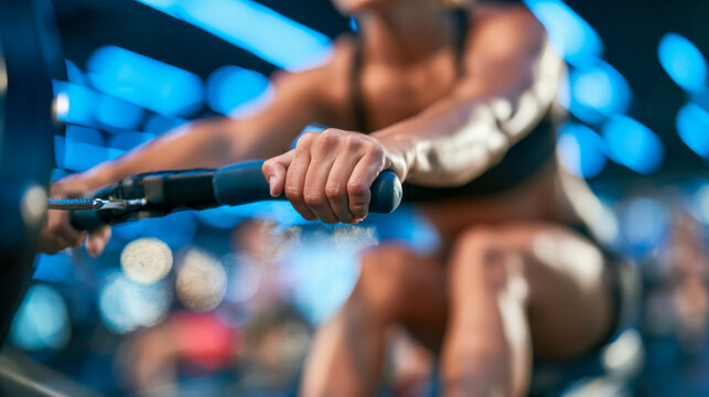 Fit woman exercising on a rowing machine in a modern gym, gripping the handle during an intense cardio and strength training workout