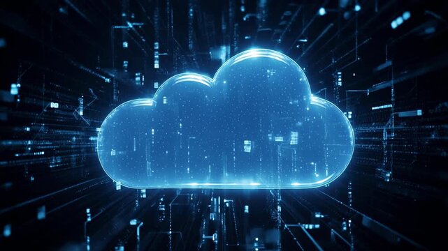 Futuristic glowing cloud data visualization in dark digital space