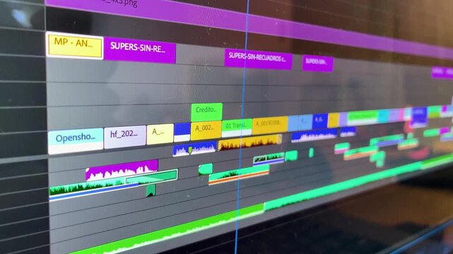 Macro view of a digital video post production timeline with multiple audio and video tracks, Film Editing, Editor