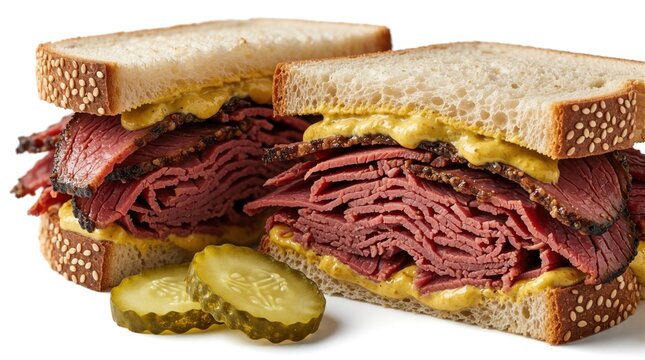 Two deli sandwiches piled high with thinly sliced pastrami meat and mustard sit next to pickle slices on white. These hearty meat sandwiches offer a classic lunch experience.