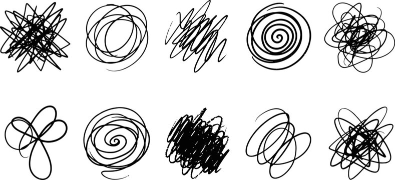 Scribble circle vector set, hand drawn messy ink tangles, 10 black sketch doodle elements for abstract design and mental health concepts