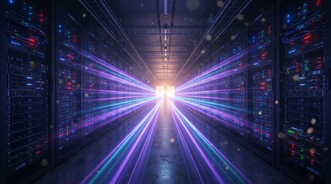 Computer server room data center corridor for cloud computing network infrastructure and cyber security
