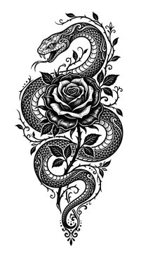 Vintage snake with rose tattoo. Traditional blackwork reptile portrait. Old school body art flash design. Gothic serpent illustration.
