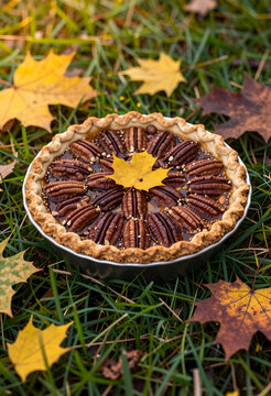 Autumn harvest and thanksgiving dessert, homemade pecan pie with maple leaf on green grass with fall foliage