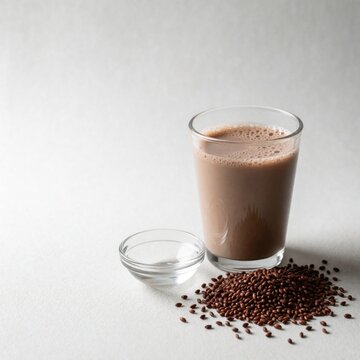 Glass of ragi malt drink with small bowl, finger millet seeds on white background. Healthy cocoa colored beverage with foam top. Natural organic millet drink for breakfast nutrition. Minimalist food