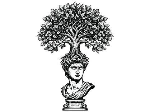 Vintage groves of daedalus mythological tree of knowledge from rome, sculptural profile portrait bust with ornate crown of leaves and branches for botanical logo print t-shirt design