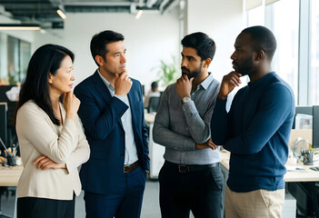 Obraz premium Diverse business team collaborating and problem-solving in a modern office, thoughtful colleagues discussing strategy and innovation