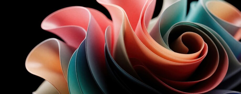 Abstract 3D digital art with colorful swirling shapes on black background. Vibrant liquid flow creates smooth wave pattern. Dynamic rainbow curves with flowing texture form artistic rose shape.
