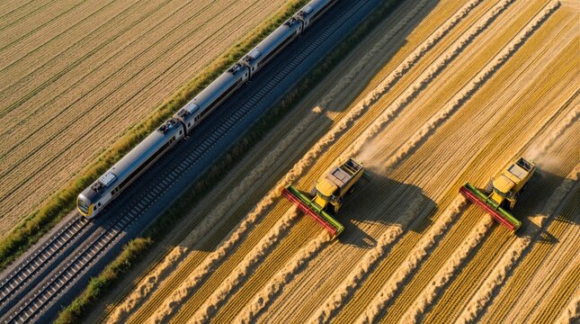 Aerial view of two trains moving on parallel tracks through golden farm field. Two combine harvesters work in large grain crop during harvest season. Modern agriculture, transport system move across