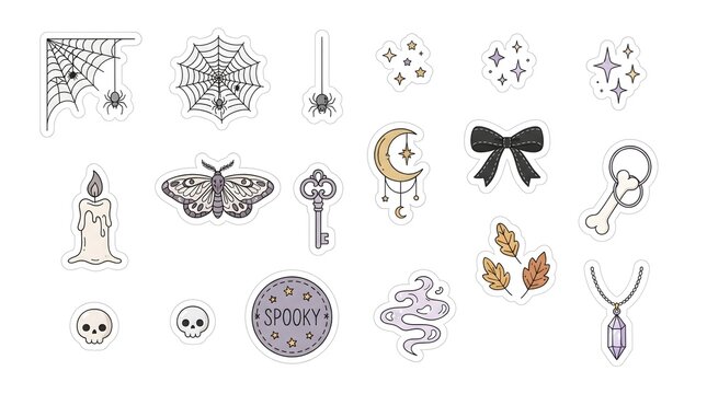 Set of mystical halloween stickers featuring spider webs, moths, moons, stars, candles, skulls, and magical charms on white background