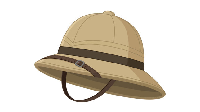 Vintage beige pith helmet featuring a decorative brown strap in a clean flat vector design style