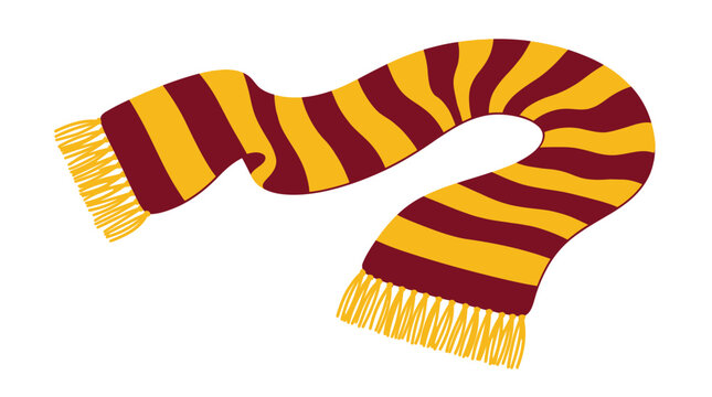 Striped winter scarf featuring vibrant burgundy and yellow bands with classic knotted fringe edge details