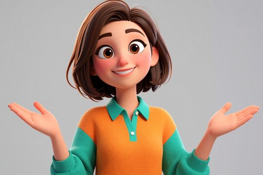 Cartoon woman presents idea with open hands. Friendly person gestures positively, talks, explains, welcomes. Digital character brown hair, wears orange teal shirt, smiles warmly. Modern 3D render