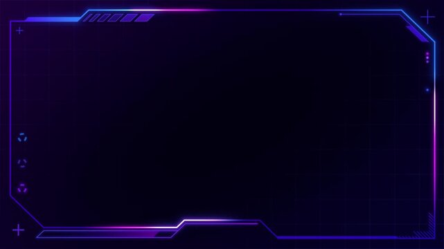 Futuristic HUD frame with blue pink hologram border and circuit grid lines on dark background. Sci-fi GUI element for tech video interfaces.