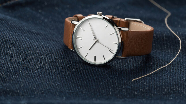 Minimalist silver wristwatch with brown leather band rests on dark blue denim fabric. Simple white face shows time. Accessory for men or women.