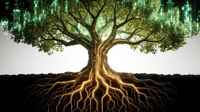 Abstract tree with glowing roots and digital green growth charts for branches. Concept of growth, technology, and nature combined. Dark background with bright elements.