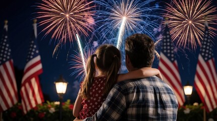 Naklejka premium Father and daughter embrace watching vibrant fireworks explode in night sky. American flags wave proudly nearby. Family enjoys summer holiday celebration outdoors together, feeling patriotic joy.