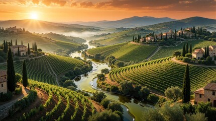 Fototapeta premium Rolling hills with vineyards, villas under warm sunrise light. River flows through green fields in Tuscany, Italy. Cypress trees frame scenic countryside, evoking peace, natural beauty. Rural