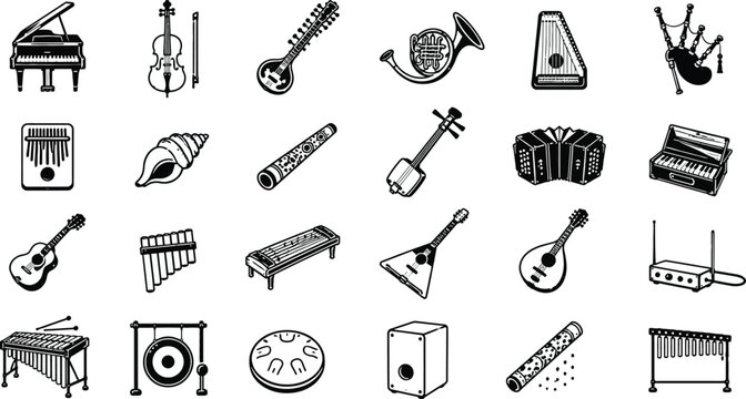Collection of musical instruments depicted as flat line icons on a white background