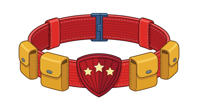 Red utility belt featuring yellow pouches and a decorative shield with gold stars for superheroes