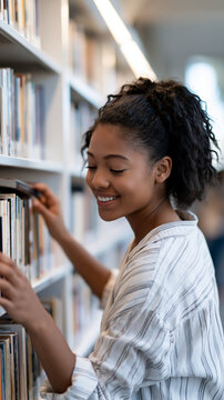 attractive confident smiling professional african woman browsing bright library bookshelf shot from behind cropped rear view composition bright clean campus library interior natural