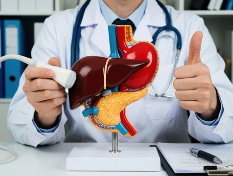 Doctor uses ultrasound probe on stomach and liver model. Medical expert gives thumbs up signal. Clinic interior offers abdominal diagnosis and health care services.