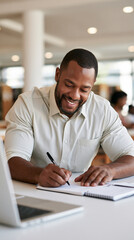 Fototapeta premium attractive confident smiling professional african man reading and writing notes at bright library desk laptop open beside him shot from behind cropped rear angle clean well lit