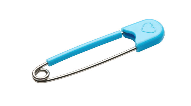 Blue plastic safety pin with a heart detail isolated on transparent background