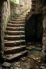 Naklejka premium Flooded stone staircase in an old ruin descends into dark water. Debris floats on the surface reflecting soft natural light filtering from above.