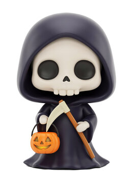 Cute 3D Grim Reaper Holding a Scythe and Pumpkin Halloween Candy Pail