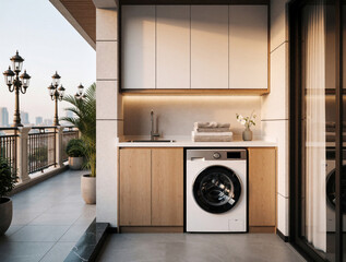 Fototapeta premium Modern balcony with outdoor laundry area. White washing machine under wooden cabinets near sink. Compact laundry room setup on apartment terrace with city view. Small space washing station features