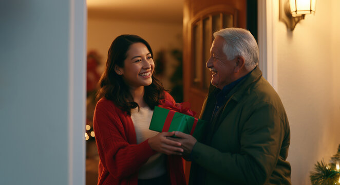 Hispanic woman giving a Christmas gift to an elderly man at the entrance of his home, smiling with affection and gratitude during a family holiday celebration. 