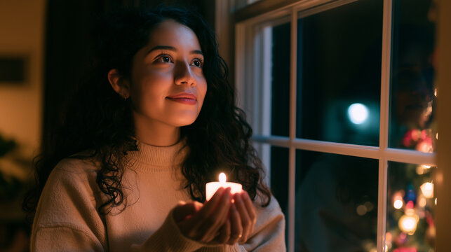 Christmas faith and hope expressed by a thoughtful latina woman holding a glowing candle beside a window at night. 
