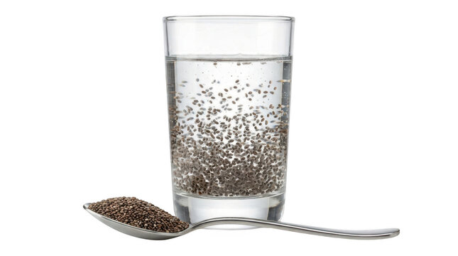 Glass of water with soaked chia seeds and a spoon full of dry seeds isolated on transparent background