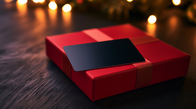 Blank black gift card on a red Christmas present with ribbon and warm holiday lights, suitable for Black Friday and seasonal promotional mockups. 