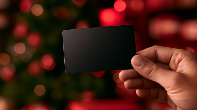 Black Friday and Christmas shopping concept with a hand holding a blank black card against festive red and green bokeh background. 