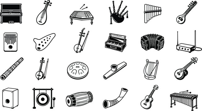 Collection of musical instruments depicted in a black and white vector illustration