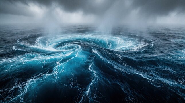 Massive swirls in deep blue ocean water. Powerful water vortex creates large spiral under dark misty sky. Turbulent sea waves churn in heavy storm. Dangerous ocean current moves with intense force in