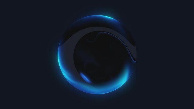 Abstract blue gradient 3D sphere background. Futuristic glass orb with light reflections and bokeh. Crystal ball radiates energy. Information technology, data science, AI core, VJ loop.