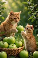 Naklejka premium Ginger tabby cat, small kitten play with green apples in garden. Cute pets touch fruit near wicker basket among trees. Young domestic felines explore nature, food in summer orchard. Orange fur