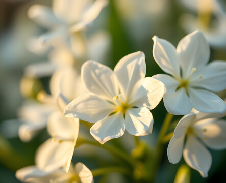 Petites fleurs blanches en forme d'&eacute;toile photographi&eacute;es en gros plan avec un arri&egrave;re-plan flou verdoyant, d&eacute;licates fleurs de jardin illumin&eacute;es par une lumi&egrave;re naturelle douce