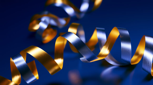 Gold and silver metallic streamers on a deep blue background creating a festive celebration design with copy space.