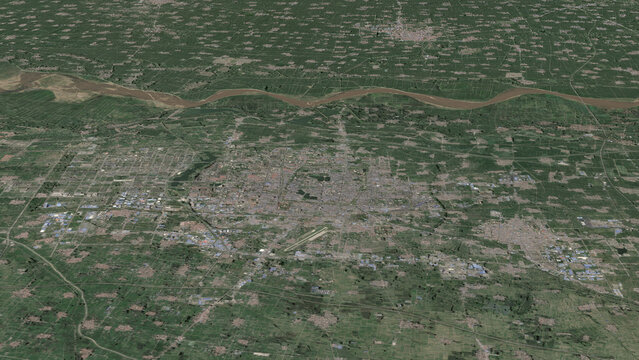 Oblique aerial 3D illustration of Kaifeng, China. Contains modified Copernicus Sentinel data (2023). Surface/elevation: ESA/Copernicus.
