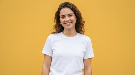 Obraz premium Smiling young woman in plain white t-shirt