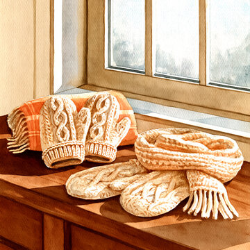 Watercolor knitted mittens and scarf on a wooden table / cozy winter illustration
