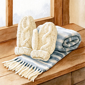Watercolor knitted mittens and scarf on a wooden table / cozy winter illustration
