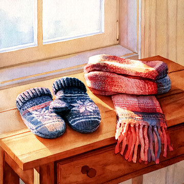 Watercolor knitted mittens and scarf on a wooden table / cozy winter illustration
